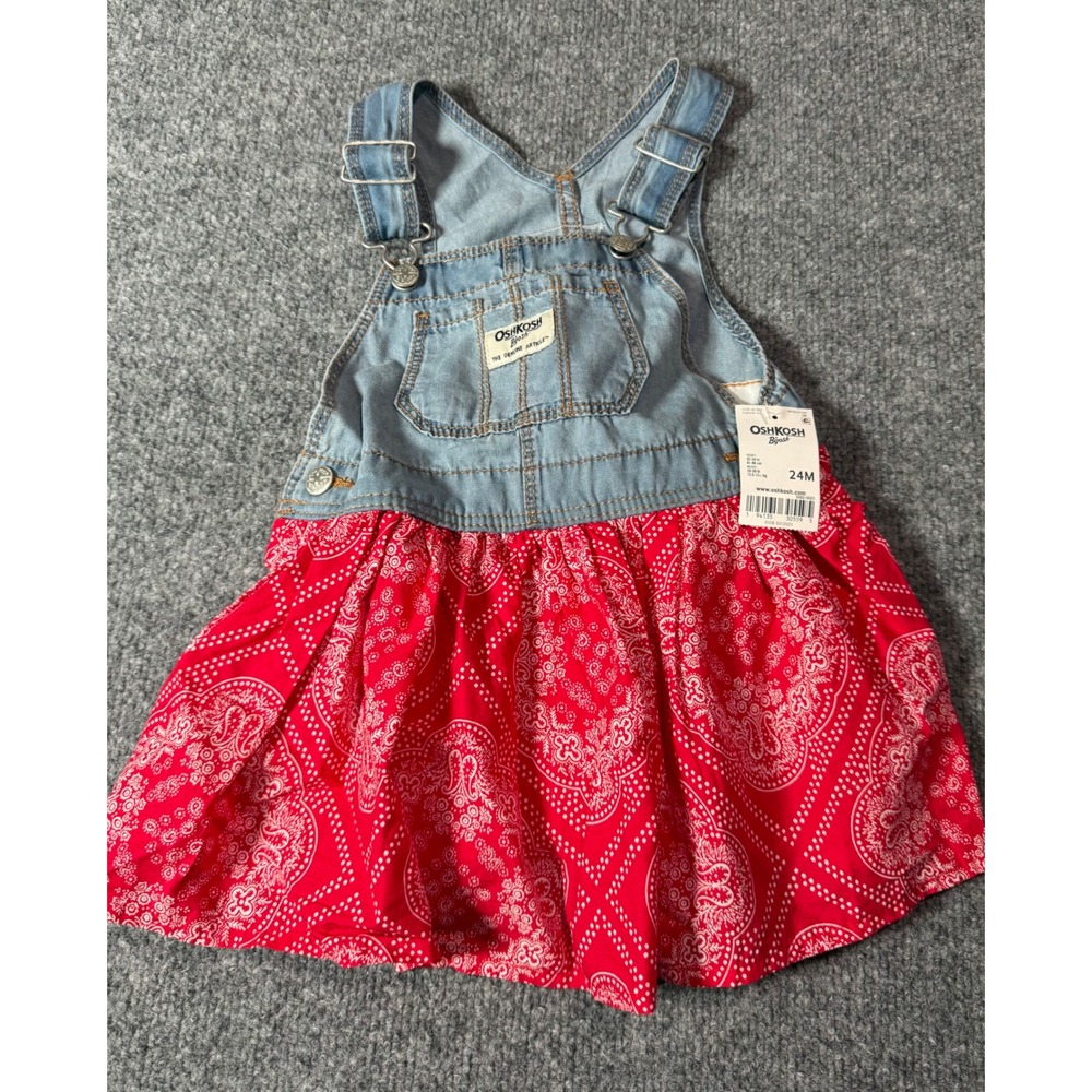 OshKosh Bgosh Girls Denim Jumper Dress Red Bandana Print 24M